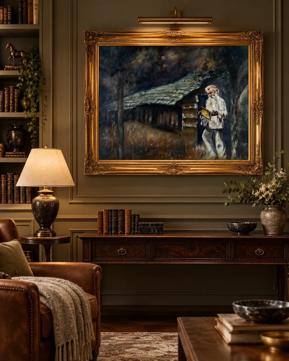 Retrato de memória e legado instalado em ambiente clássico elegante