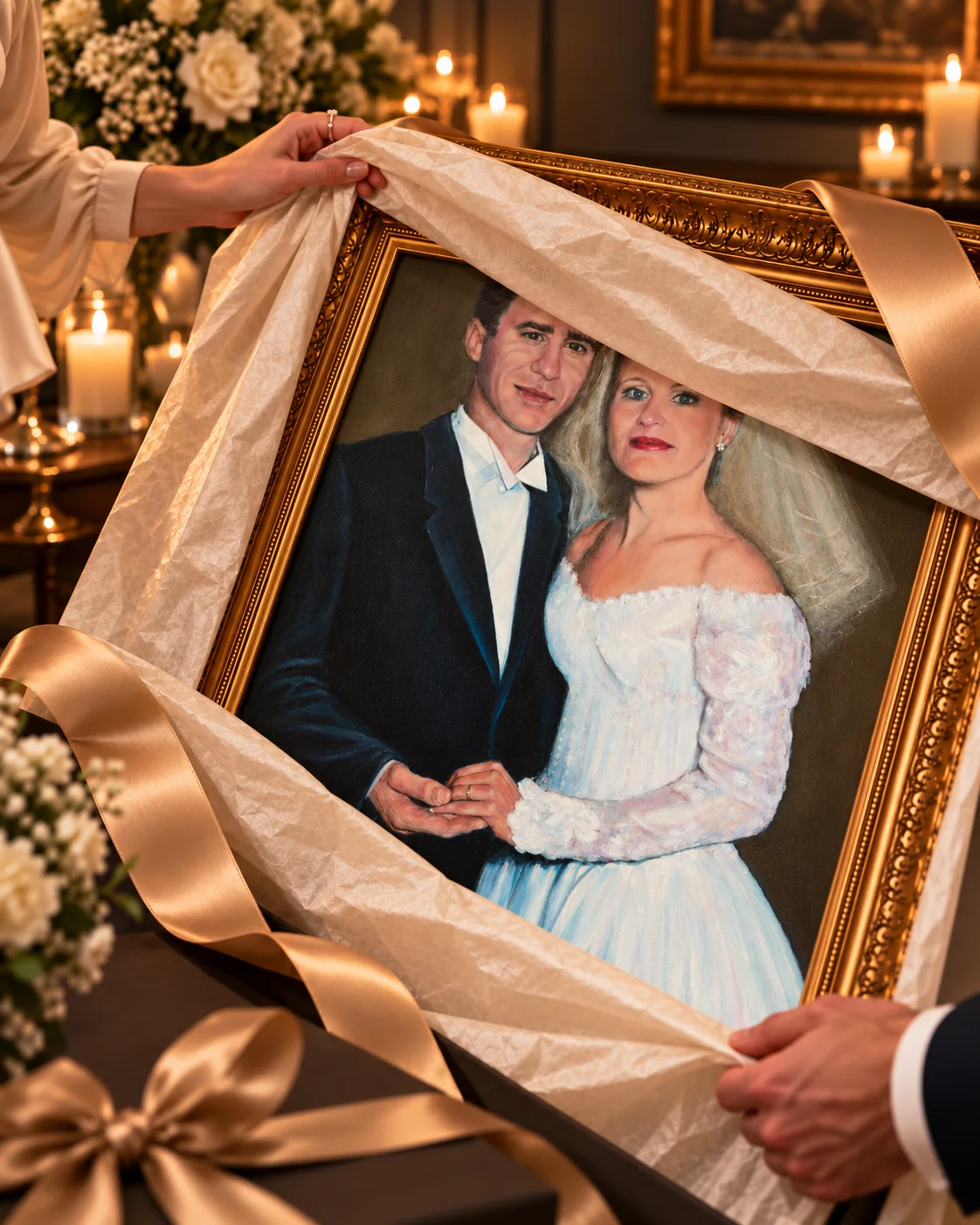 Retrato de casamento sendo revelado como presente