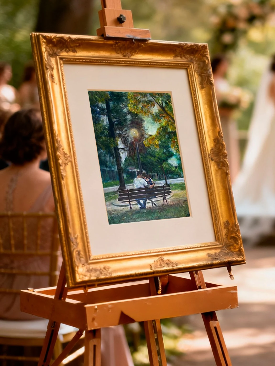 Framed portrait painting displayed on an easel