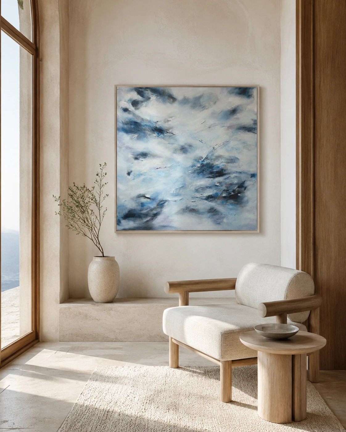 Interior sereno com obra original de Ana Steffler — origem de uma Silk Edition