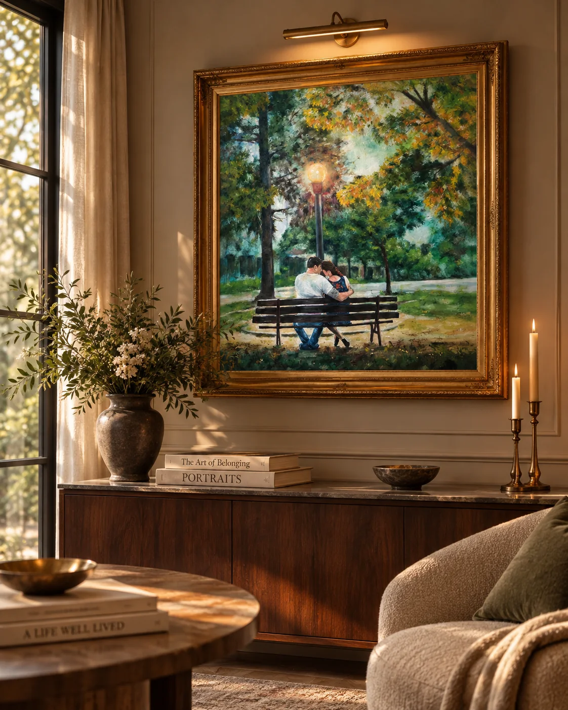 Retrato de casal instalado em ambiente elegante